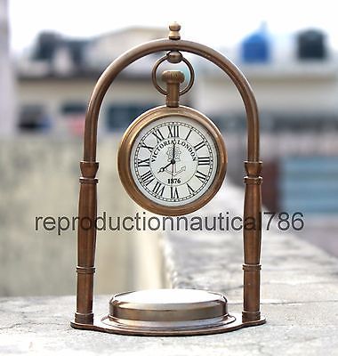 Antique Solid Brass Desk Clock/Watch With Navigation Compass