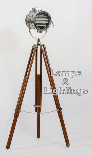 Antique Nautical Industrial Chrome Spot Search Light - 70" Height Brown Wood & Steel Tripod Nickel Metal Shade