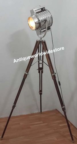 Tripod Floor Spot Lamp - Brown Steel & Aluminum, 6x9x68 Inches, Chrome Finish - Nautical Style Design