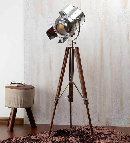 Chrome Spot Searchlight Floor Lamp With Unique Royal Wooden Tripod Home Decoratives