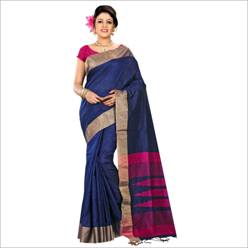 Navy Blue Tussar Silk Saree