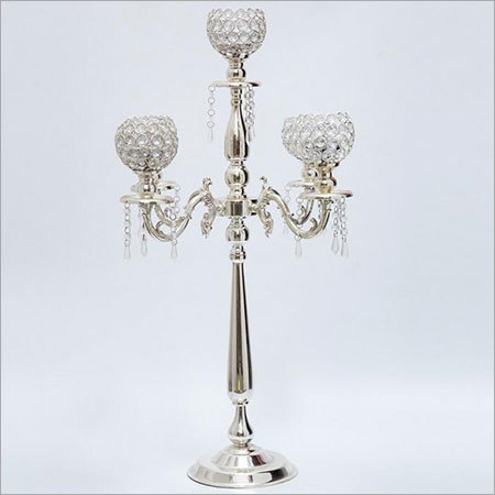 Candle Stand - Metal, 24 Inches, Silver | Elegant Design, Three Candle Holders, Crystal Accents