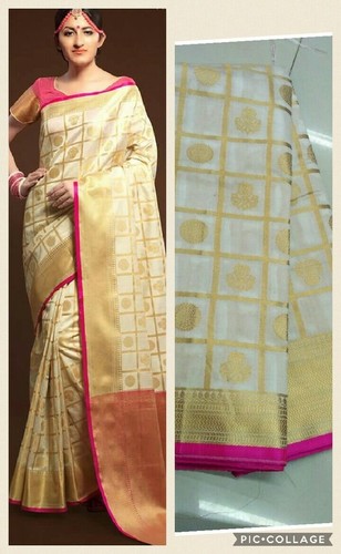 Silk Saree - Checked Design, Cream Color with Elegant Zari Work