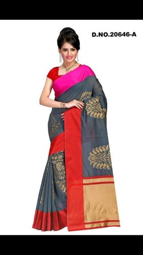 Grey & Red Chanderi Cotton Saree