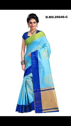 Sea Blue Cotton Chanderi Saree