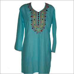 Ladies Kurti - Cotton Blend, 32 Inch Length, Sky Blue Color | Eye-Catching Exotic Neck Detailing, Soft and Washable