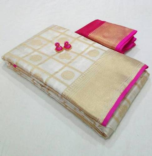 Ladies Silk Saree - Silk Material, Printed Design, White Color | Elegant Zari Work Detailing
