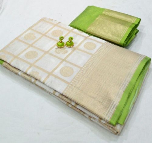Gren & White Golden Silk Saree