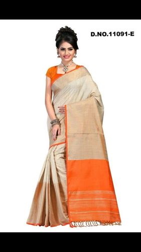 Off White & Orange Linen Silk Saree