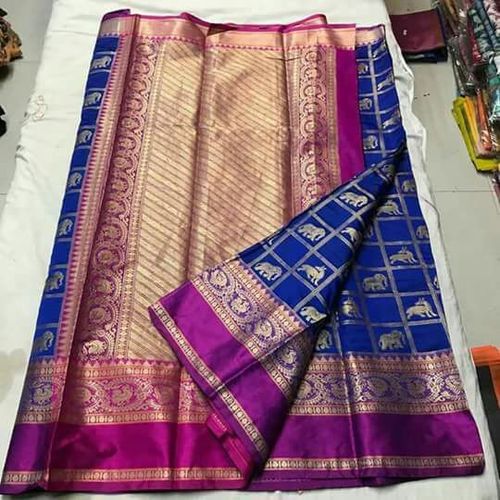 Silk Saree - Silk Fabric, Striped Pattern, Blue & Purple Color | Elegant Thread Work Detailing for Traditional Charm