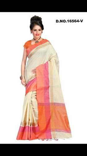 Tussar Silk Saree - Silk Material, Off White & Orange Color | Plain Pattern Design
