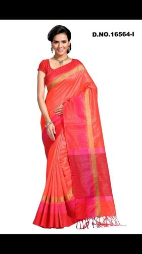 Tussar Silk Saree - Silk Material, Plain Pattern | Elegant Pink & Pitch Design