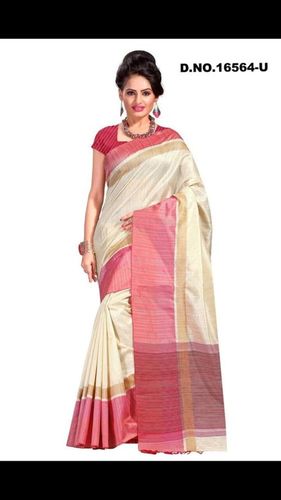 Off White & Red Tussar Silk Saree