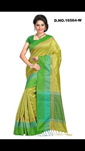 Yellow & Green Tussar Silk Saree