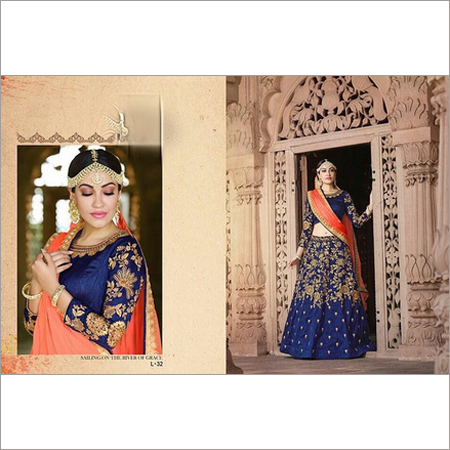 Ladies Semi Stitched Heavy Zardosi Work Navy Blue Lehenga
