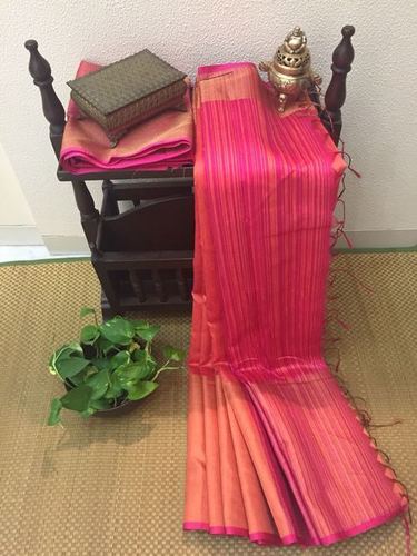 Tussar Silk Saree - Silk Material, Plain Design , Elegant Pink Color