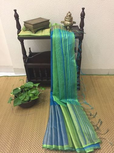 Sea Blue & Green Tussar Silk Saree