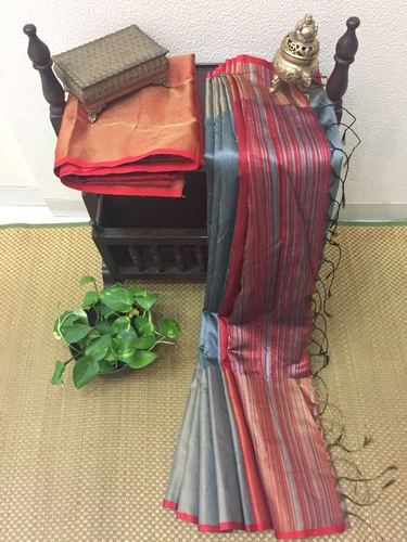 Grey & Red Tussar Silk Saree