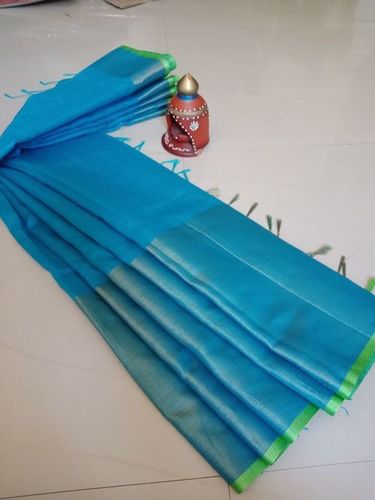 Tussar Silk Saree - Silk Material, Sea Blue Color | Elegant Plain Design