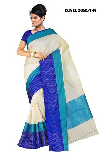 Satvik Silk Saree - Silk Material, Dotted Pattern , White & Blue Color Combination