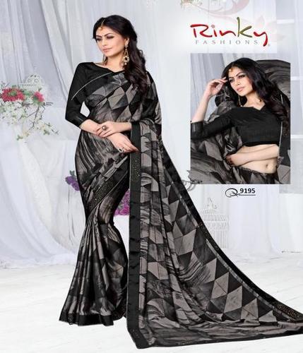 Vichitra Silk Saree - Printed Design | Elegant Black With Banglori Silk Blouse