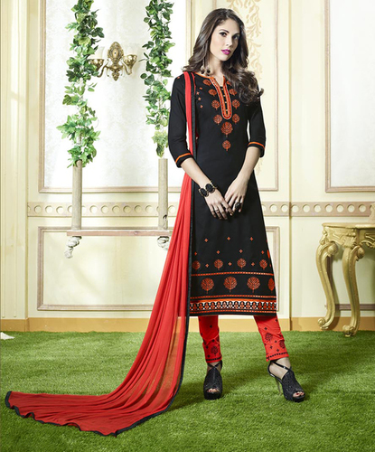 Ladies Salwa Suits - Cotton Top & Bottom, Chiffon Dupatta, Zari Resham Embroidery & Lace Border | Full Sleeves, Printed Design in Black & Red
