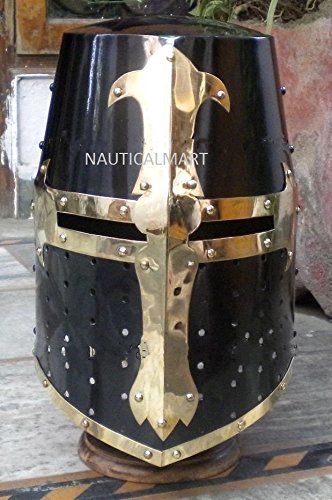 Metal Medieval Knight Crusader Helmet Wearable Halloween Costume - Black Antique