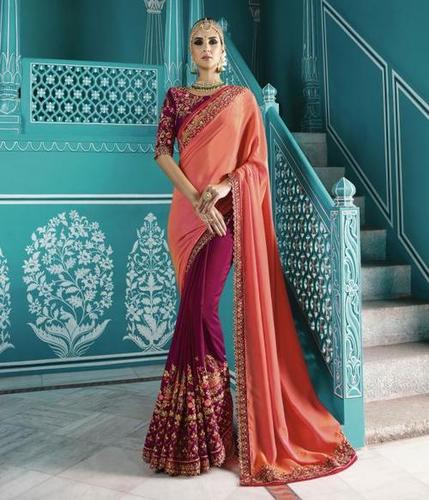 Silk Saree - Barfi Silk & Satin Silk in Pink & Wine - Heavy Zari-Resham Embroidery with Stone Work, Lace Border