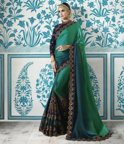 Ladies Embroidered Saree - Silk Fabric, Heavy Zari-Resham Embroidery with Stone Work & Lace Border | Multi-Colored Pattern, Bollywood Style