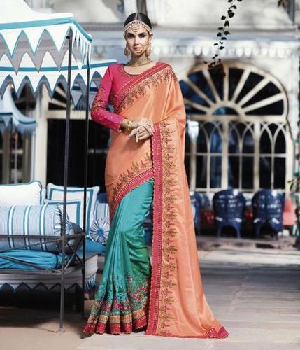Orange & Sky Blue Bridal Silk Saree