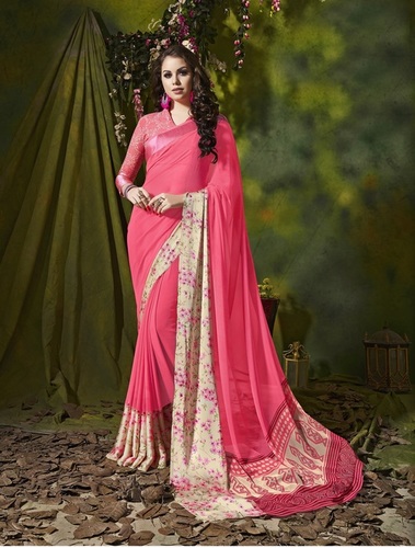 Designer Printed Saree - Weight Less Satin Silk Patta 5.5 Mtr Length , Pink Colour with Peach Satin Silk Blouse Piece