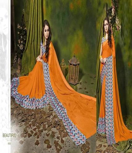 Designer Printed Saree - Weight Less Satin Silk Patta, Orange Color with Lace Border & Blouse Piece