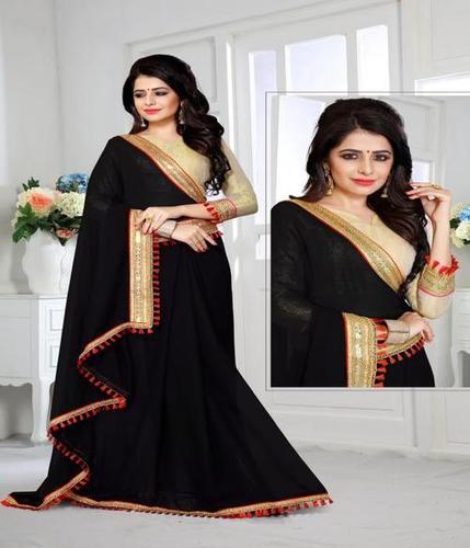 Silk Georgette Saree - Heavy Gold Fancy Border, Dhupian Piping & Siramic Stone Fancy Silk Broket Gold Blouse | Bollywood Style, Black Color