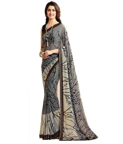 Ladies Saree - Georgette 5.5 Mtr Beige, Banglori Silk Blouse 0.80 Mtr, Elegant Printed Design