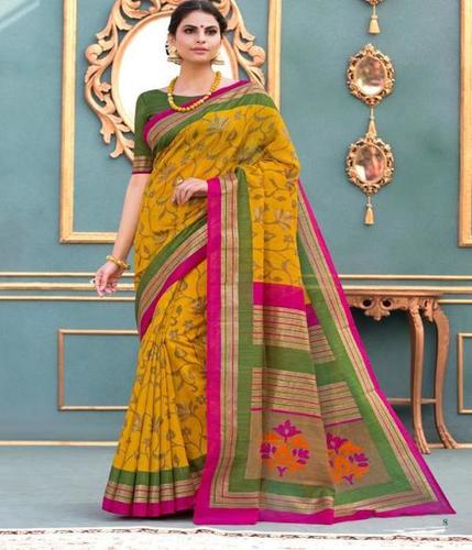 Ladies Saree - Tusser Silk, 5.5 Meters, Orange with Green Blouse, Foil Work, Elegant Durable Design
