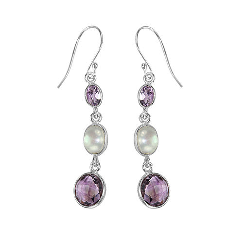 925 Sterling Silver amethyst and pearl Gemstone Designer Hook Earring