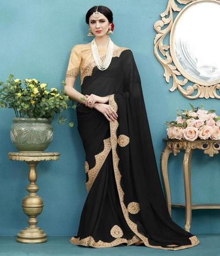 Stone Work Saree - Pure Georgette Fabric, Banarasi Silk Blouse, Lace Border, Zari Resham Embroidery, Stone Work