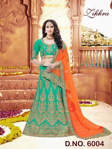 Lehenga Choli - Nylon Satin with Net Dupatta, Rama Green Color, Full Sleeves, Intricately Embroidered with Stone Work and Lace Border