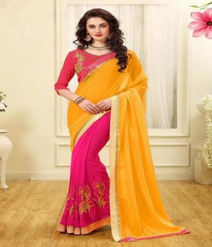 Maithali Designer Saree - 60 gm Georgette Marble, 5.50 mtr Fuchasia Pink with Heavy Banglori Blouse in Pink