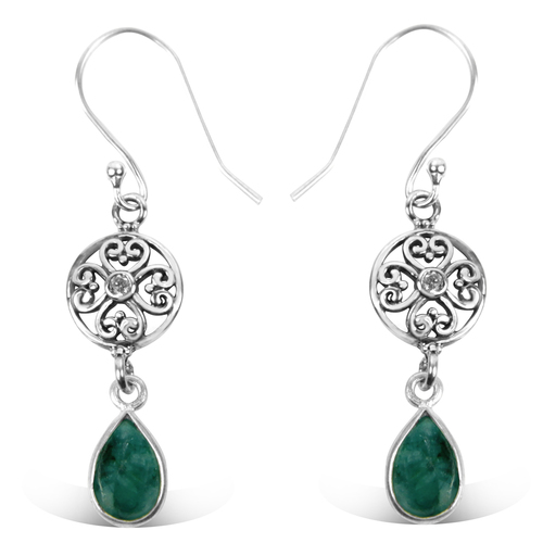 925 Sterling Silver Attractive Designer Drop Hook Emerald Earring