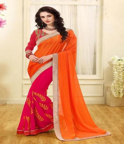 Pink & Orange Jacquard Saree