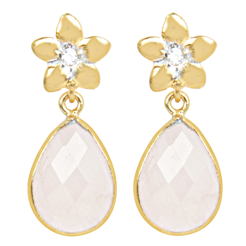 925 Sterling Silver Flower Design Rose Quartz Chandelier Earrings