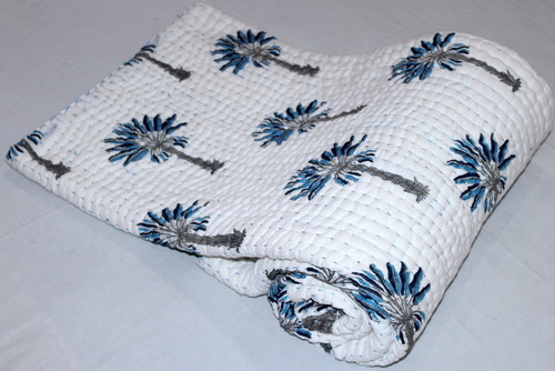 Blue Palm Tree Kantha Quilt