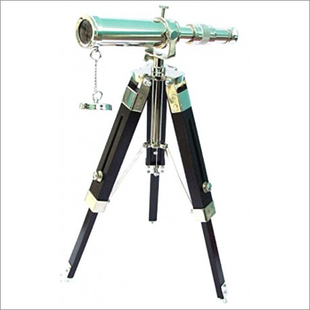 Chrome Brass Telescope with Wood Tripod