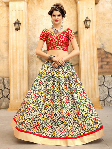 Bridal Lehenga Choli Set - Twrill Silk, Free Size | Multi-Color, Printed & Jacquard Silk Work, 3.25 Meter Flair, 42 Inch Length, Short Sleeves