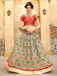Bridal Lehenga Choli Set - Twrill Silk, Free Size | Multi-color, Printed & Jacquard Silk Work, 3.25 Meter Flair, 42 Inch Length, Short Sleeves