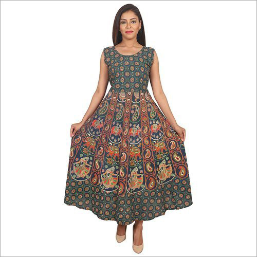 Green Ladies Jaipuri Animal Design Maxi Dress