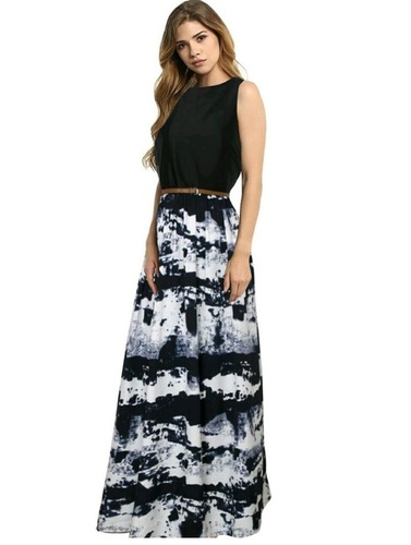Exclusive Designer Gown - Taffeta Silk, Length 56 Inches | Black Sleeveless Ethnic Dress, Printed Pattern, All Season Wear