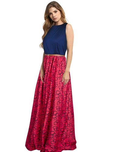 Exclusive Designer Gown - Taffeta Silk, 54 Inch Length | Multi-Color, Sleeveless, Printed Ethnic Style, All Season Wear