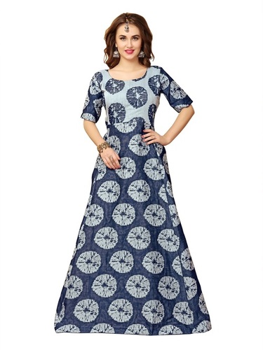 Fancy Gown - Shibori Print-Cotton Silk Blend, Free Size 56 Inch Length | Ethnic Style, Grey Color, Short Sleeves, 3.5 Meter Flair